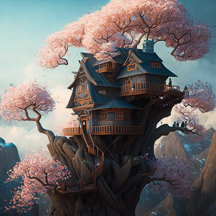Cherry Blossm,Tree House,Japanese House In The Trees