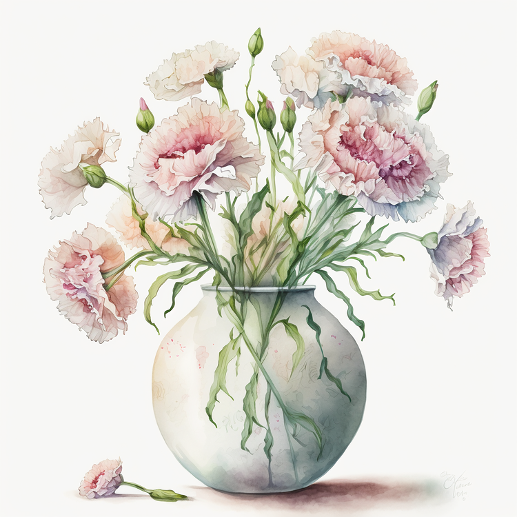 Watercolor Carnation,Carnation Flowers,Carnation In Vase