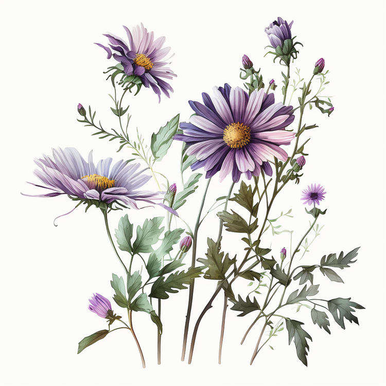 Watercolor Daisy,Purple Daisy,Daisy Flowers