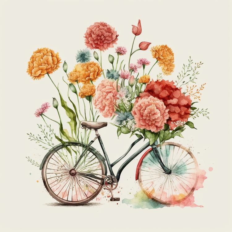 Watercolor Carnations,Vintage Carnations,Bicycle