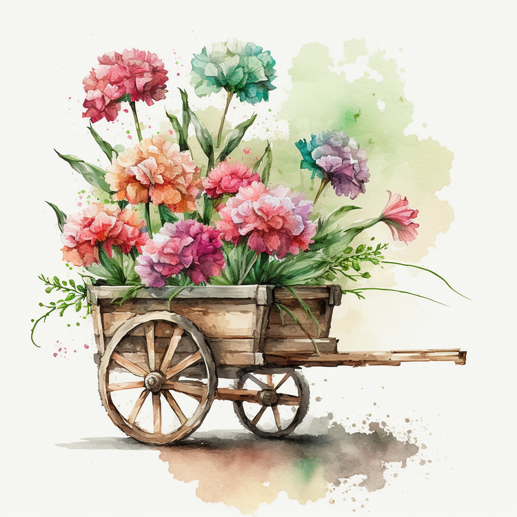 Watercolor Carnations,Carnations In Garden Cart,Floral Arrangement