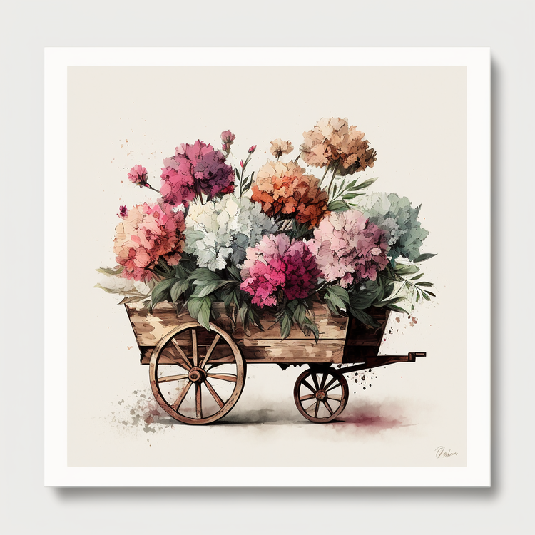 Watercolor Carnations,Carnations In Garden Cart,Bouquet