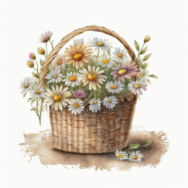 Watercolor Daisy,Daisy In Basket,Flowers
