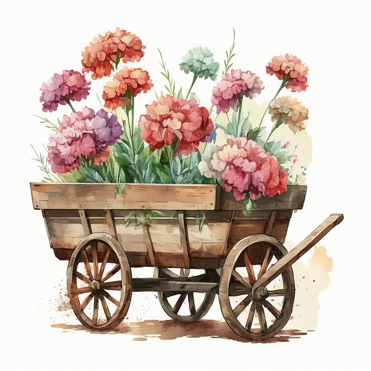 Watercolor Carnations,Carnations In Garden Cart,Bouquet