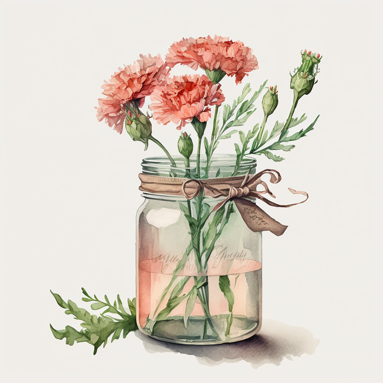 Watercolor Carnations,Carnations In Glass Jar,Flowers