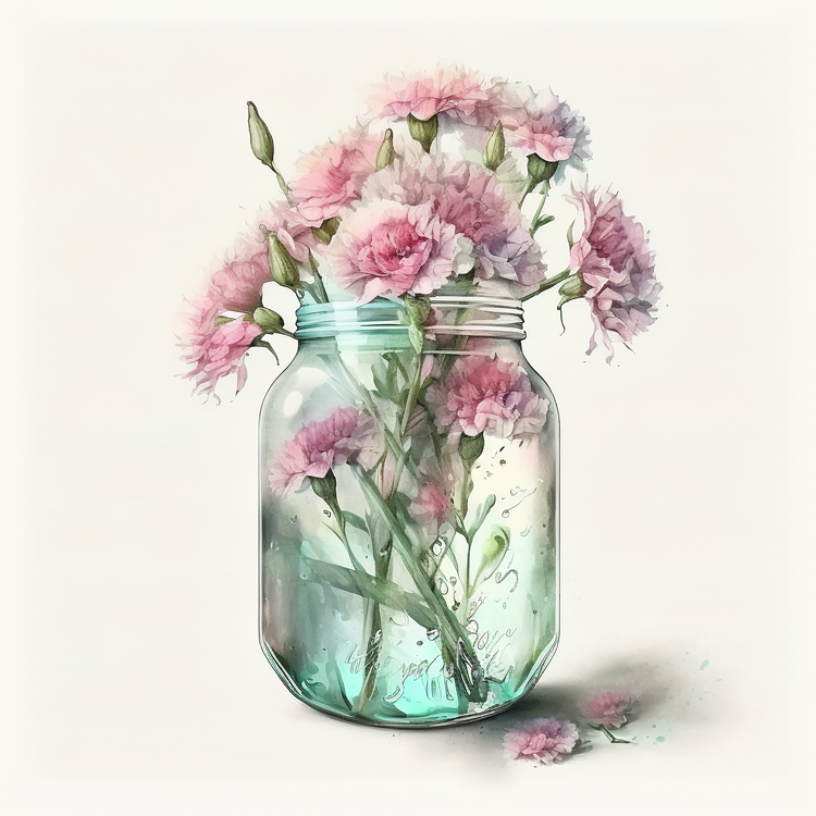 Watercolor Carnations,Carnations In Glass Jar,Pink Flowers