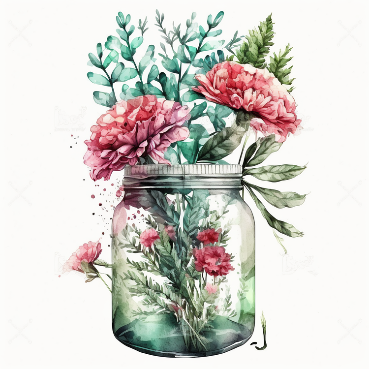 Watercolor Carnations,Carnations In Glass Jar,Mason Jar