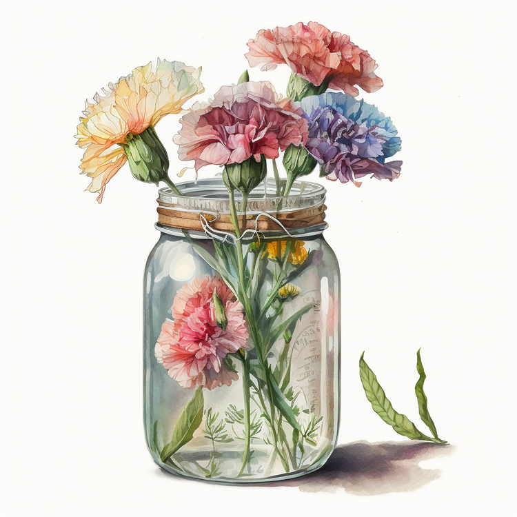 Watercolor Carnations,Carnations In Glass Jar,Watercolor