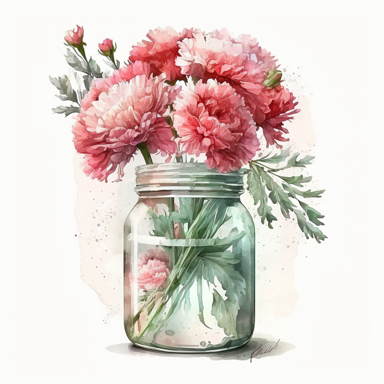 Watercolor Carnations,Carnations In Glass Jar,Carnations