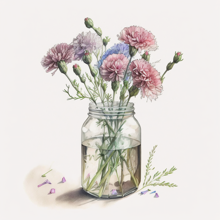 Watercolor Carnations,Carnations In Glass Jar,Flowers