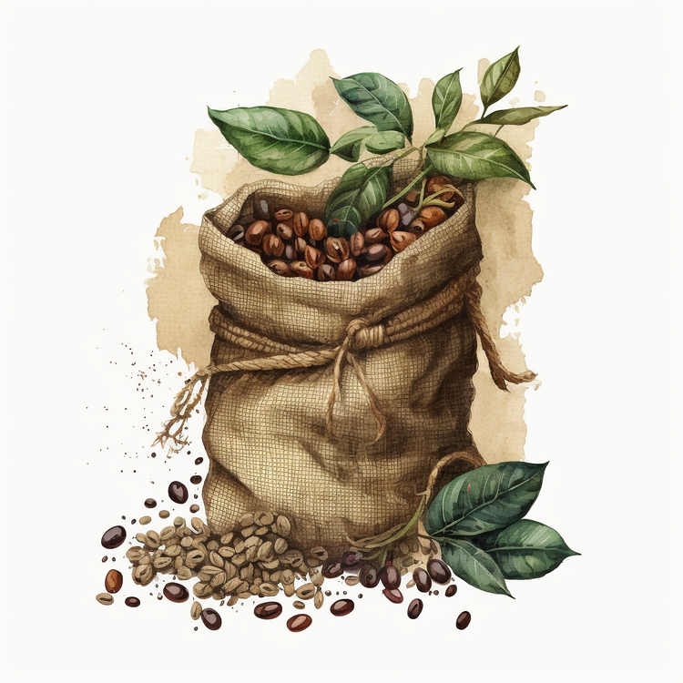 Watercolor Coffee Beans,Hand Drawn Coffee Beans,Coffee Beans With Jute Bags
