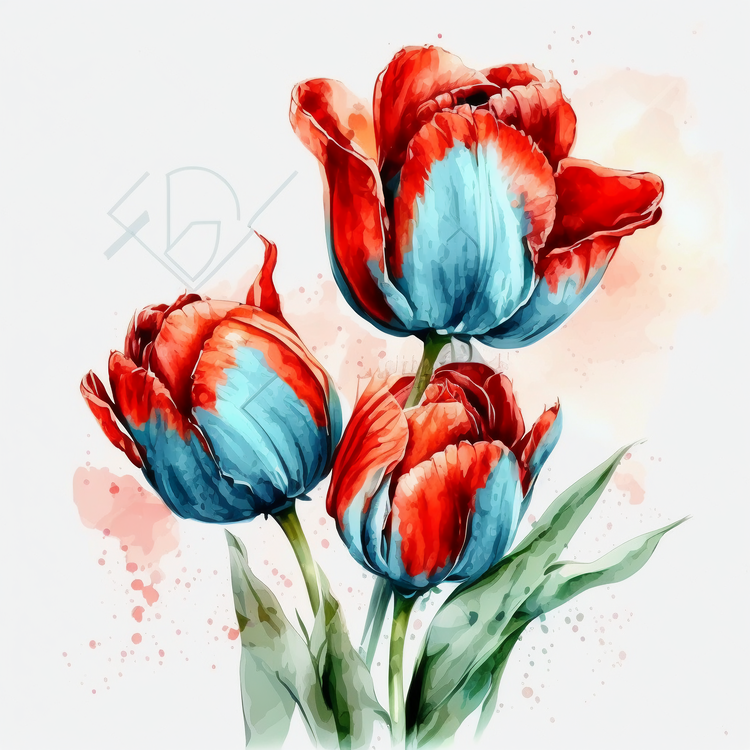 Watercolor Tulips,Red,Blue