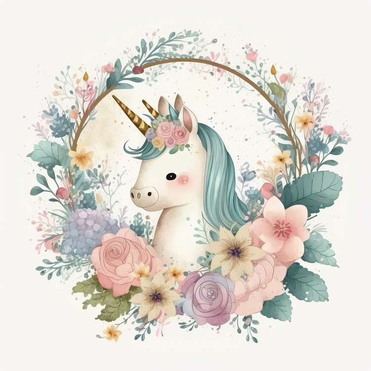 Watercolor Unicorn,Unicorn,Floral Wreath