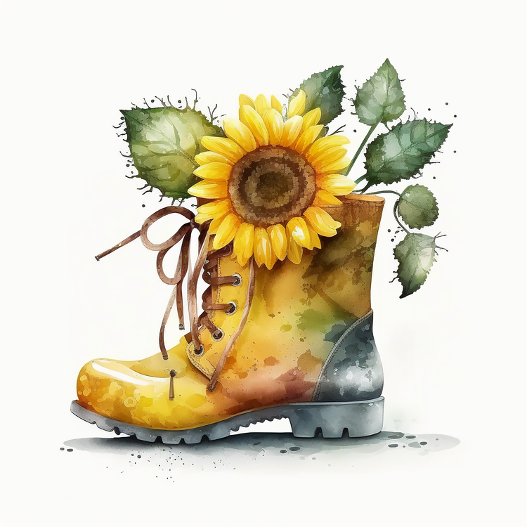 Watercolor Sunflower,Sunflower In Boots,Watercolor