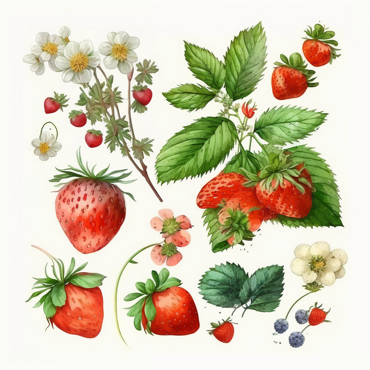Watercolor Strawberry,Strawberries,Flowers