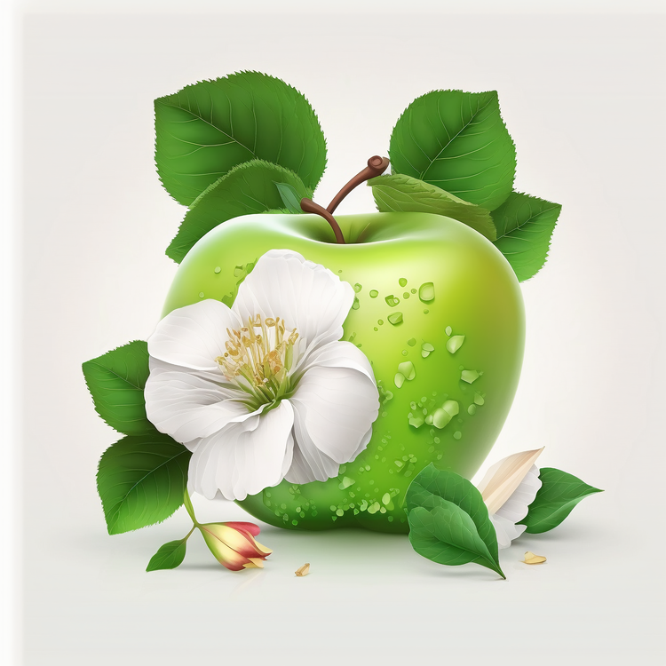 Green Apple,White Flower,Water Droplets