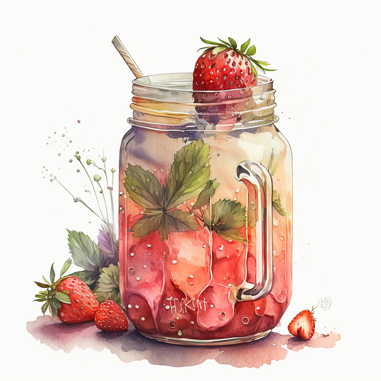 Watercolor Strawberry Juice,Strawberry Smoothie,Mason Jar