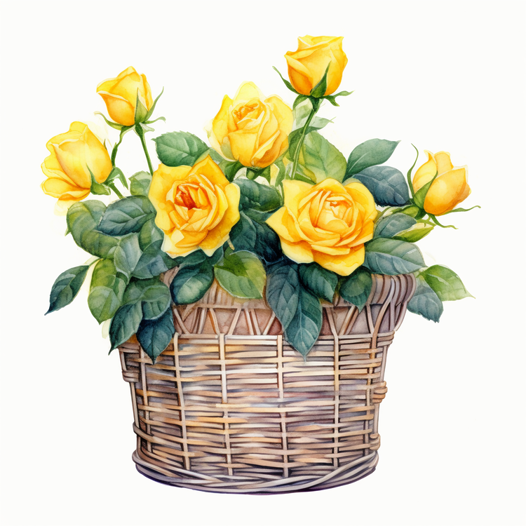 Watercolor Yellow Rose,Yellow Rose Flowers,Yellow Rose In Basket