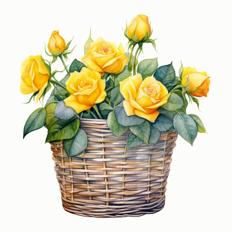 Watercolor Yellow Rose,Yellow Rose Flowers,Yellow Rose In Basket