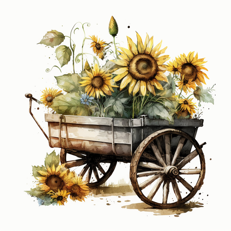 Watercolor Sunflower,Garden Cart,Sunflowers