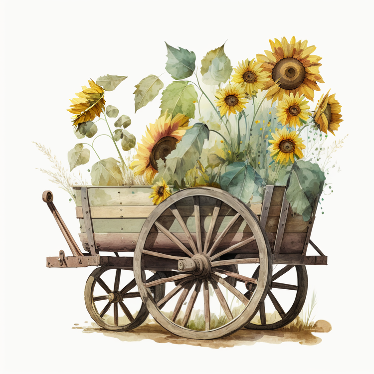 Watercolor Sunflower,Garden Cart,Sunflowers