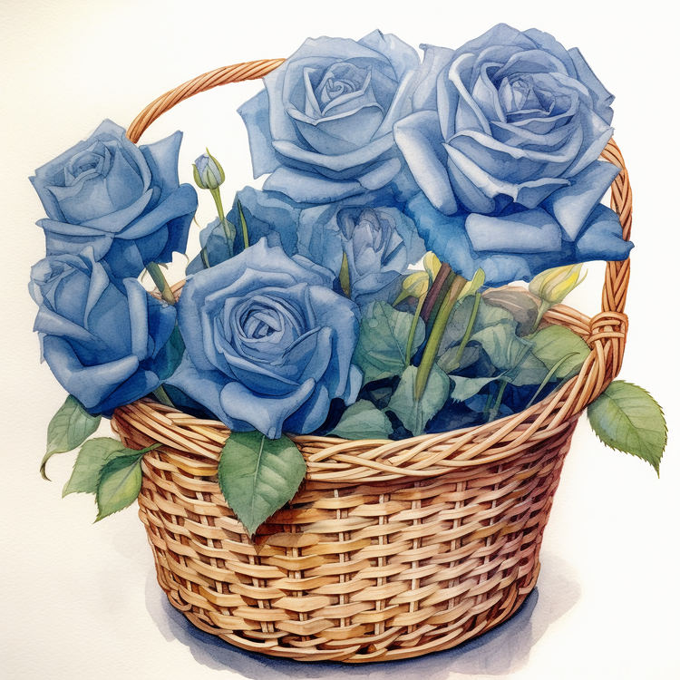 Watercolor Blue Rose,Rose Flowers In Basket,Roses
