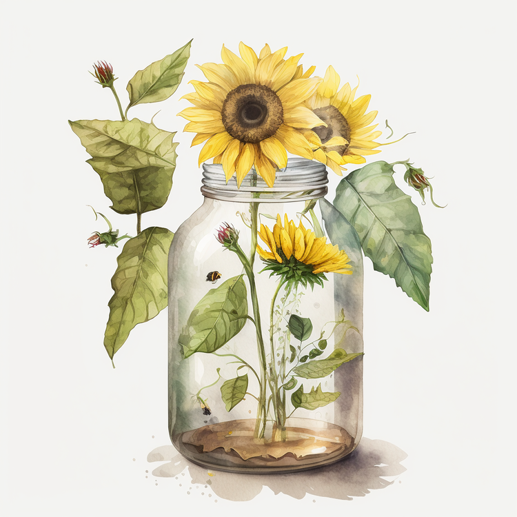 Watercolor Sunflower,Sunflower,Mason Jar