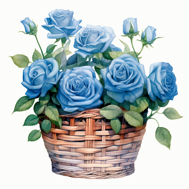 Watercolor Blue Rose,Rose Flowers In Basket,Blue Roses
