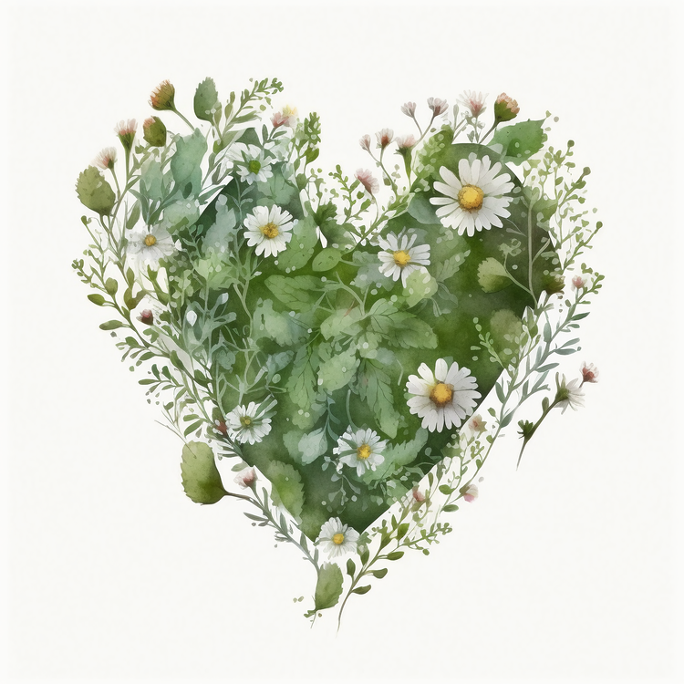 Watercolor Daisy Heart,Herbs,Greenery