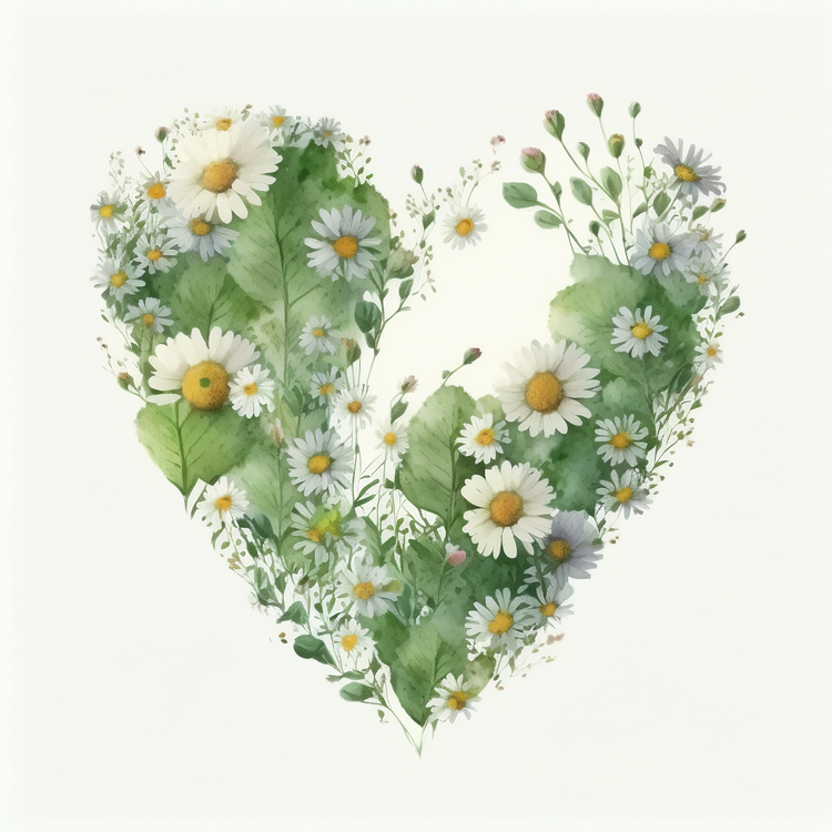 Watercolor Daisy Heart,Wildflowers,Heart Shape
