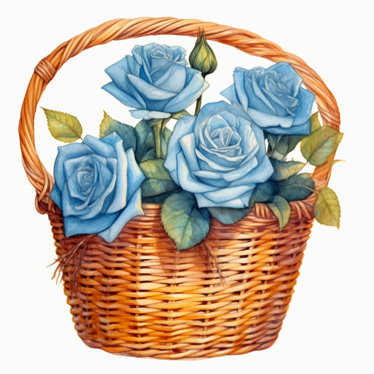 Watercolor Blue Rose,Rose Flowers In Basket,Basket