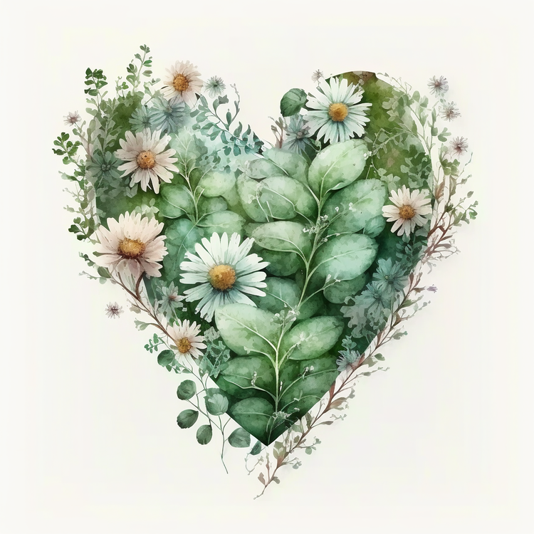 Watercolor Daisy Heart,Green,Flowers