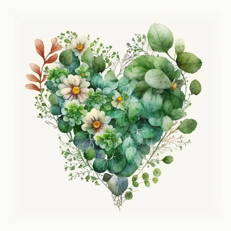 Watercolor Daisy Heart,Green,Watercolor
