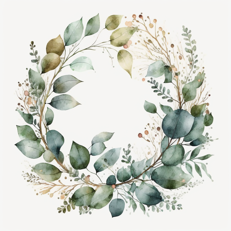 Watercolor Eucalyptus Leaves,Green,Wreath
