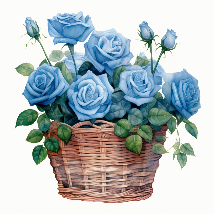 Watercolor Blue Rose,Rose Flowers In Basket,Roses