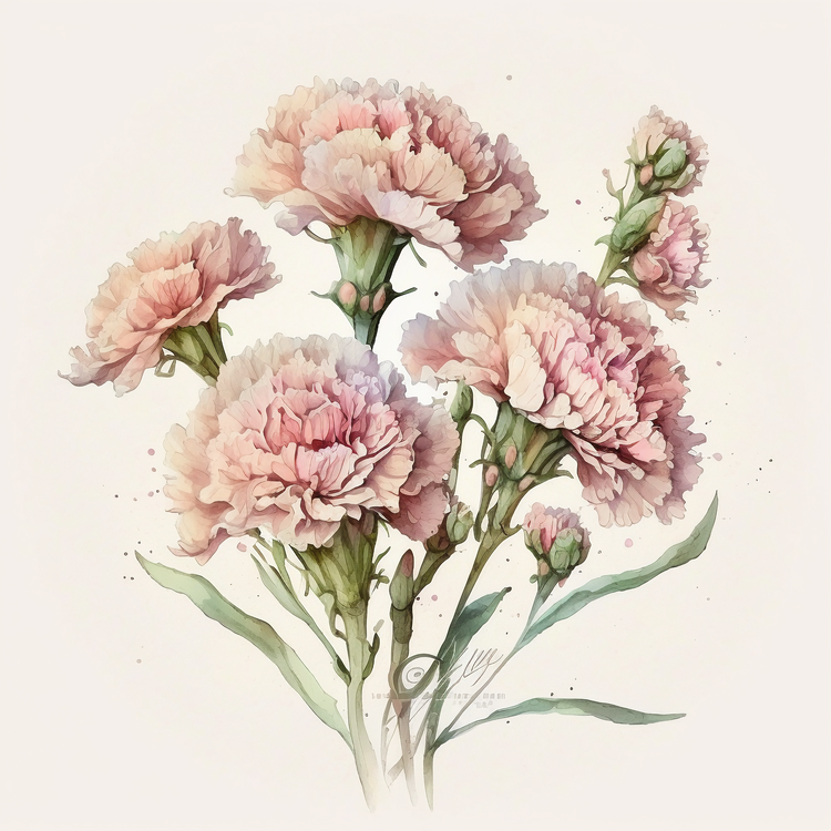 Watercolor Carnation Flowers,Pink Carnations,Watercolor
