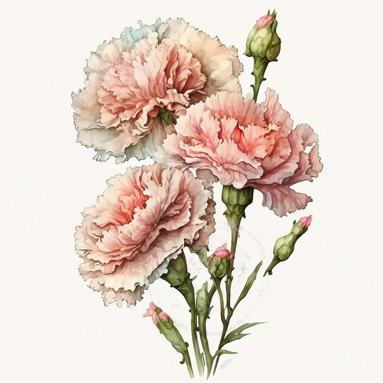Watercolor Carnation Flowers,Roses,Pink