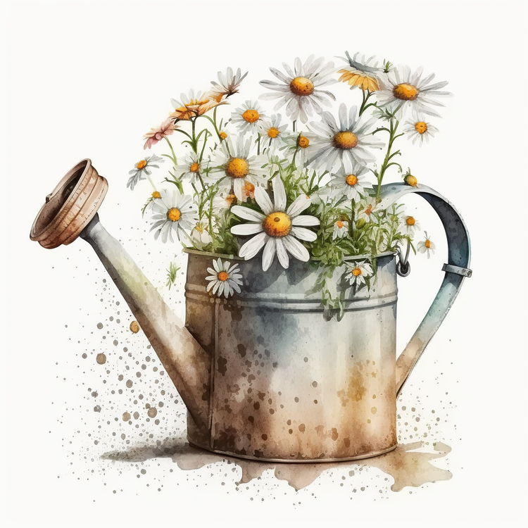 Watercolor Daisy,Vintage Daisy,Watering Can