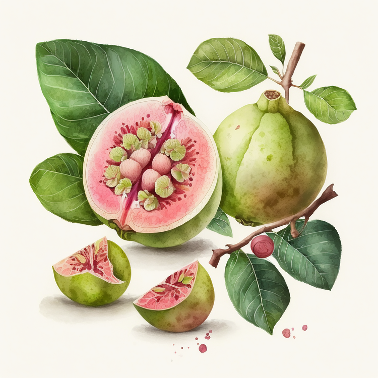 Watercolor Guava,Ripe Pink Grapefruit,Grapefruit