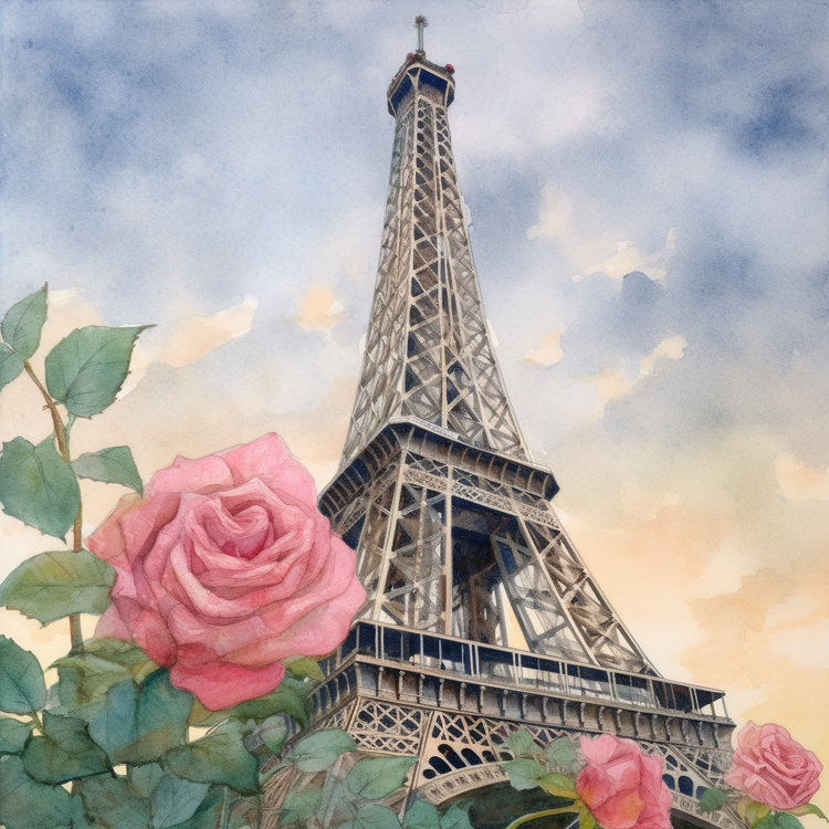 Eiffel Tower,Roses,Watercolor