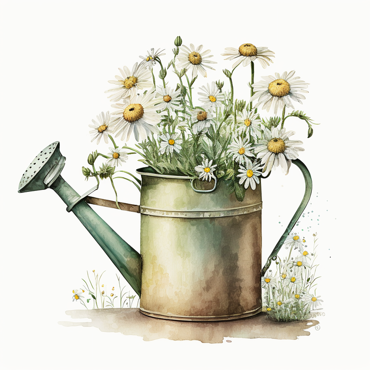 Watercolor Daisy,Vintage Daisy,Watering Can