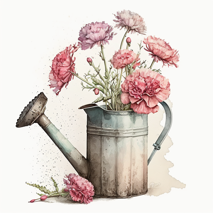 Watercolor Carnations,Vintage Carnations,Watering Can