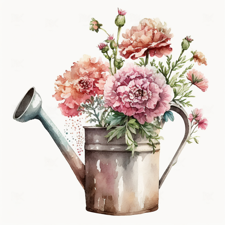 Watercolor Carnations,Vintage Carnations,Watering Can