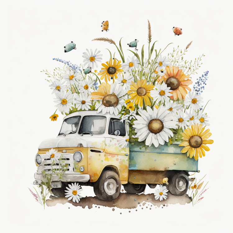 Watercolor Daisy Flowers,Retro Car,Vintage