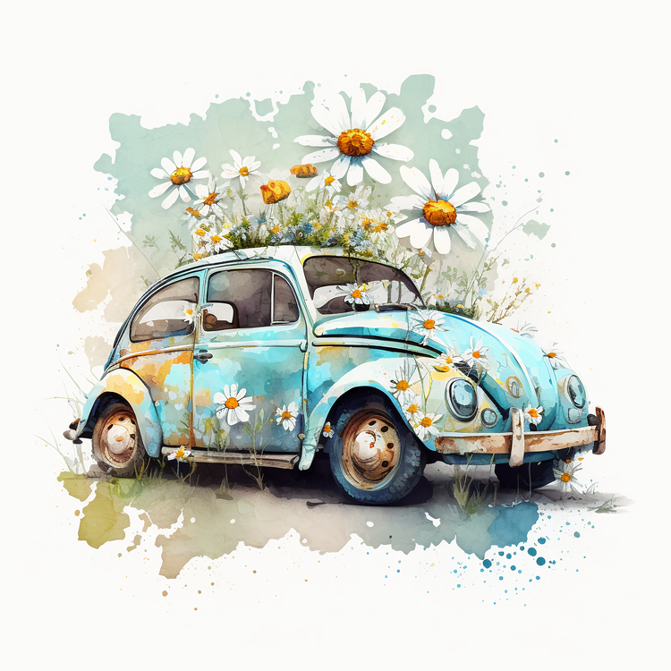 Watercolor Daisy Flowers,Retro Car,Blue