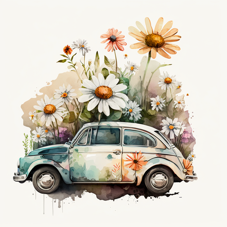 Watercolor Daisy Flowers,Retro Car,Volkswagen Beetle