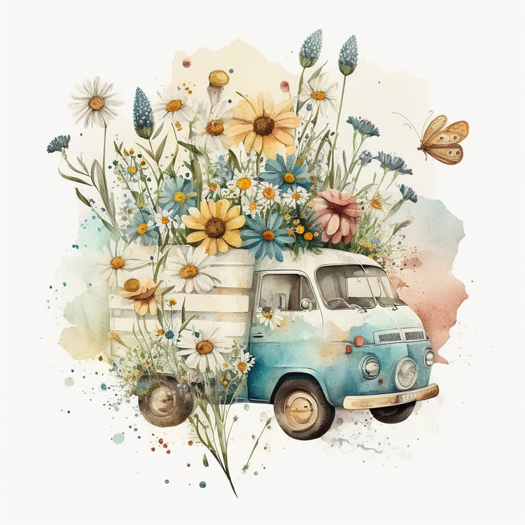 Watercolor Daisy Flowers,Retro Car,Truck