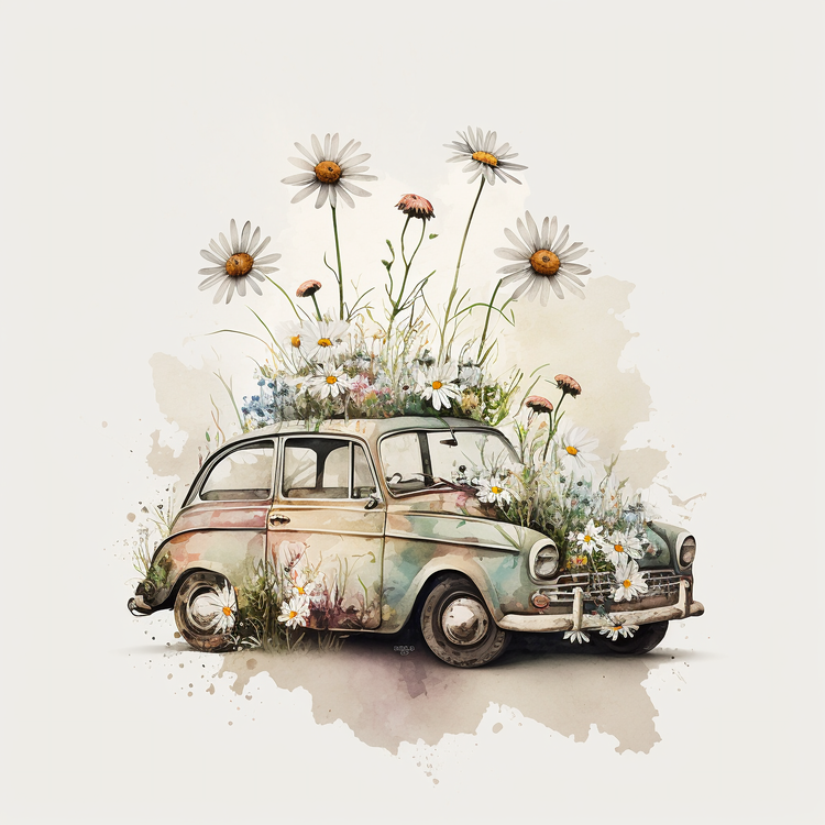 Watercolor Daisy Flowers,Retro Car,Car