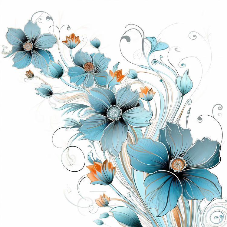 Flower Pattern,Graceful Flower Art,Blue