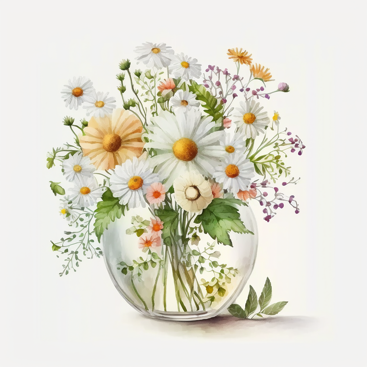 Watercolor Daisy Bouquet,Flower Vase,Others